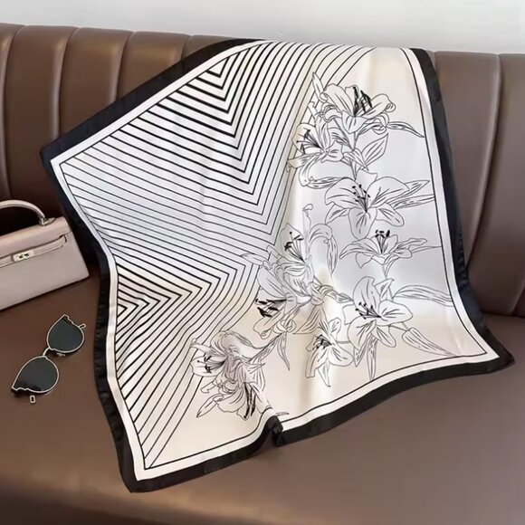✨Luxury Silky Soft Scarf Black White Floral Lily Geometric Print Square Bandana - Picture 5 of 6